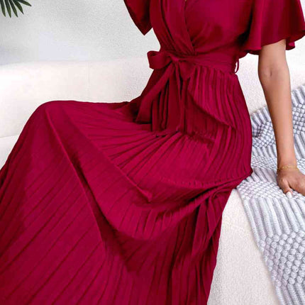 Pleated Flutter Sleeve Belted Dress - Vickie Lynn's