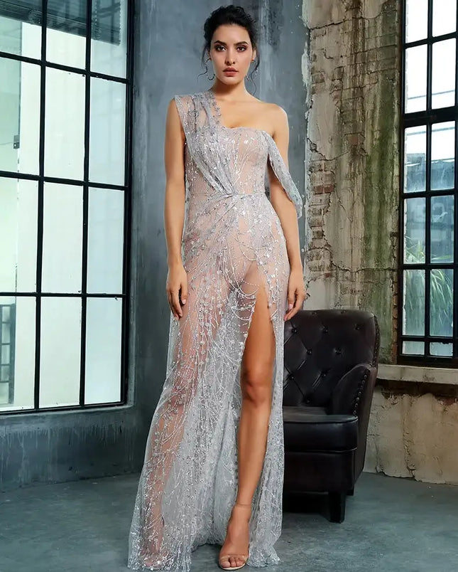 Silver Sequin See Through Gown