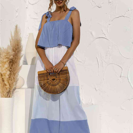 Color Block Tie Shoulder Tiered Sleeveless Dress