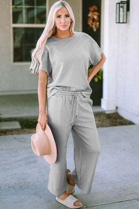 Double Take Full Size Texture Short Sleeve Top and Pants Set - Vickie Lynn's