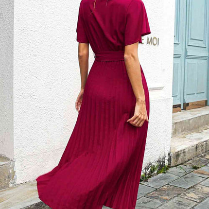 Flutter Sleeve Belted Surplice Midi Dress