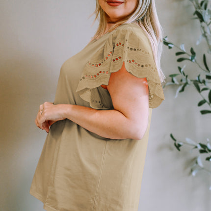 Plus Size Eyelet Round Neck Short Sleeve Blouse