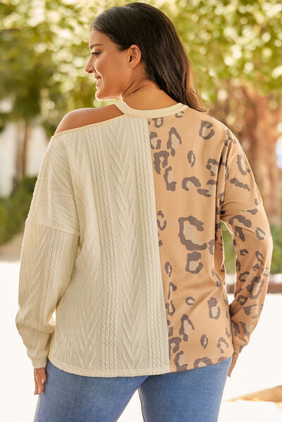 Plus Size Leopard Color Block Long Sleeve T-Shirt