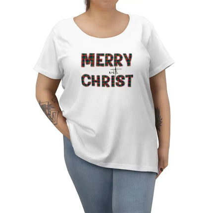 Uniquely You Womens Curvy Tee, Merry With Christ, Red And Green Plaid Christmas Holiday Pattern Print Print