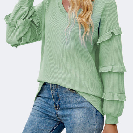 Ruffled V-Neck Long Sleeve T-Shirt