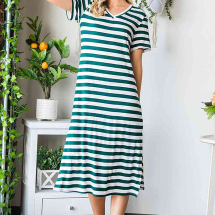 Striped V-Neck Short Sleeve Side Slit Dress