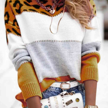 Full Size Round Neck Dropped Shoulder Color Block Sweater