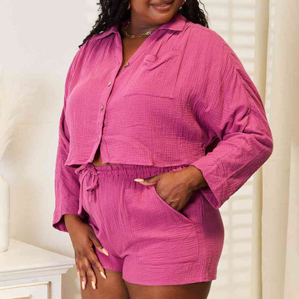 Basic Bae Buttoned Long Sleeve Top and Shorts Set - Vickie Lynn's