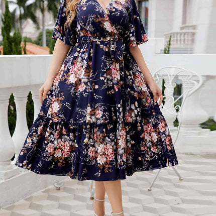 Plus Size Floral Surplice Neck Midi Dress - Vickie Lynn's