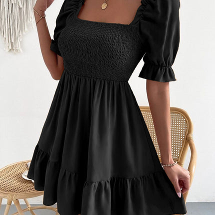 Smocked Square Neck Short Sleeve Dress