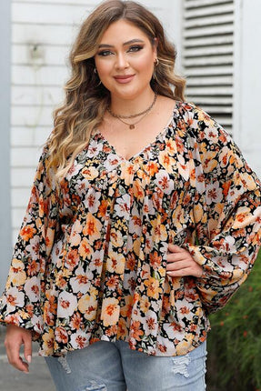 Plus Size Floral V-Neck Balloon Sleeve Blouse