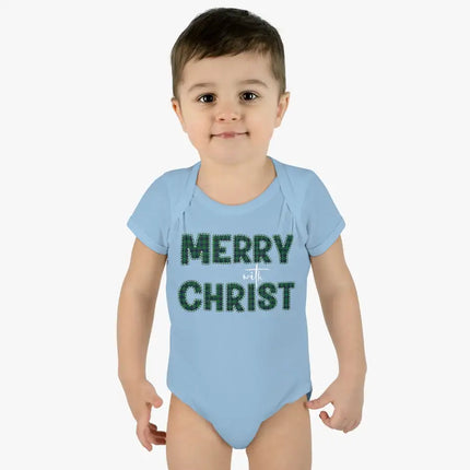 Short Sleeve Baby Onesie for Infants and Toddlers, Merry With Christ, Green Plaid Christmas Holiday Pattern Print