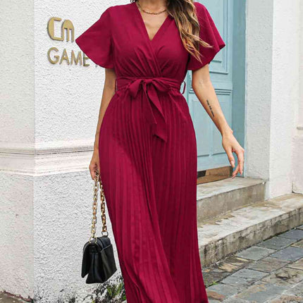 Flutter Sleeve Belted Surplice Midi Dress