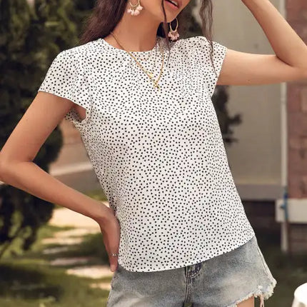 Top de manga corta con lunares florales y cuello redondo para mujer 