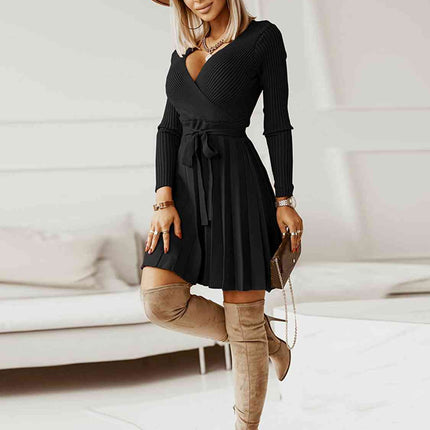 Surplice Neck Tie Front Pleated Sweater Dress