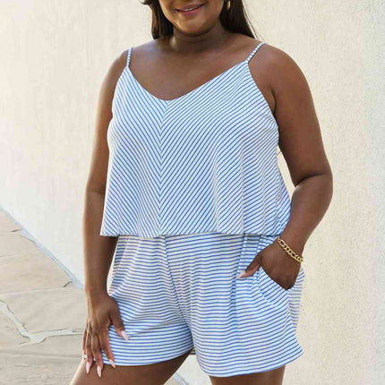 Culture Code Let It Happen Full Size Double Flare Striped Romper in Cobalt Blue