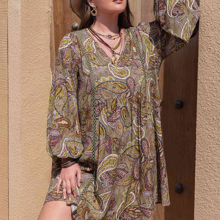 Plus Size Printed V-Neck Long Sleeve Midi Dress