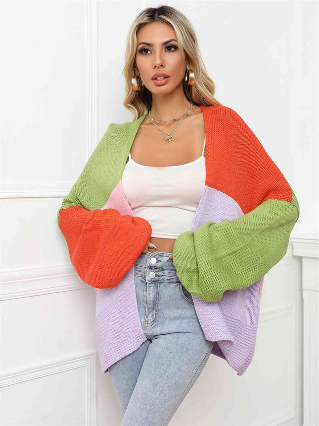 Color Block Open Front Balloon Sleeve Longline Cardigan