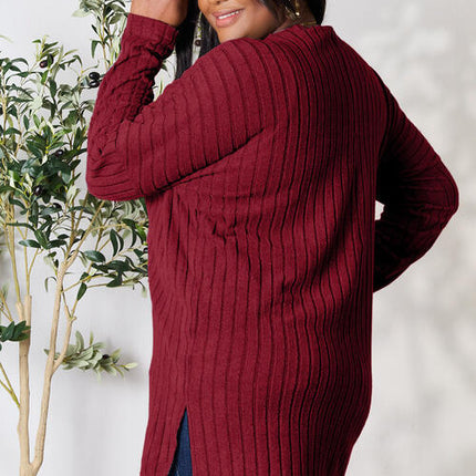 Basic Bae Full Size Ribbed Round Neck Long Sleeve Slit Top - Vickie Lynn's