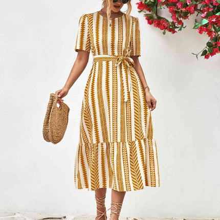 Striped Tie Belt Round Neck Puff Sleeve Dress