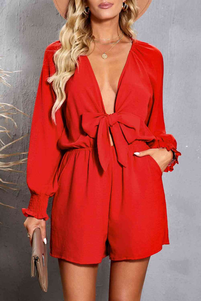 Tied Flounce Sleeve Plunge Romper