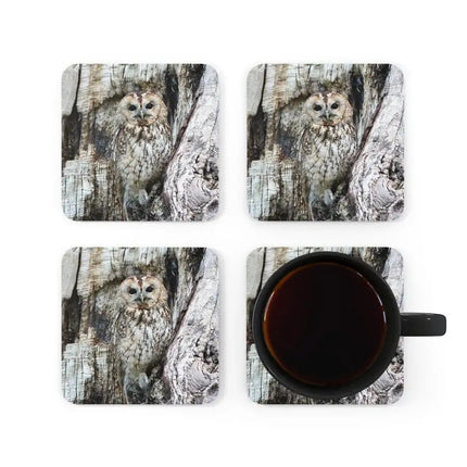 Juego de posavasos de madera de corcho, posavasos de búho gris, 4 piezas
