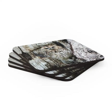 Juego de posavasos de madera de corcho, posavasos de búho gris, 4 piezas