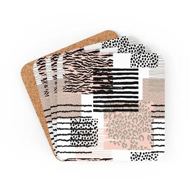 Corkwood Coaster Juego de 4 piezas, posavasos de estilo geométrico pastel