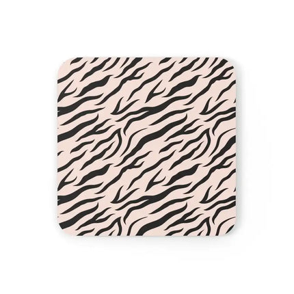 Juego de 4 posavasos de madera de corcho, posavasos estilo raya de cebra rosa y negra