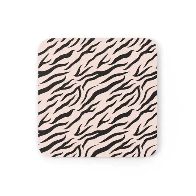 Juego de 4 posavasos de madera de corcho, posavasos estilo raya de cebra rosa y negra