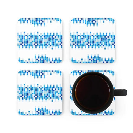 Juego de 4 posavasos de madera de corcho, posavasos estilo mosaico blanco y azul