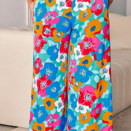 Plus Size Floral Drawstring Wide Leg Pants with Pockets
