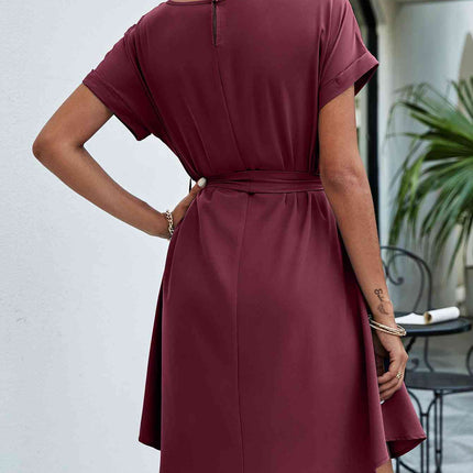 Belted Round Neck Curved Hem Dress