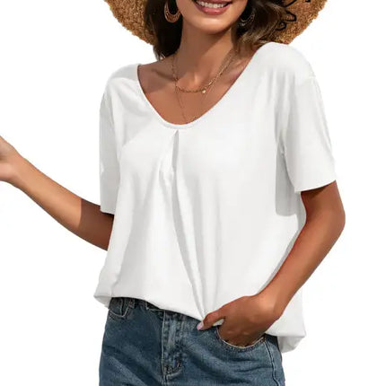 Camiseta casual de manga corta con cuello en V y encaje para mujer 