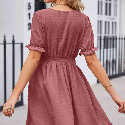 Swiss Dot Frill Trim Flounce Sleeve V-Neck Dress
