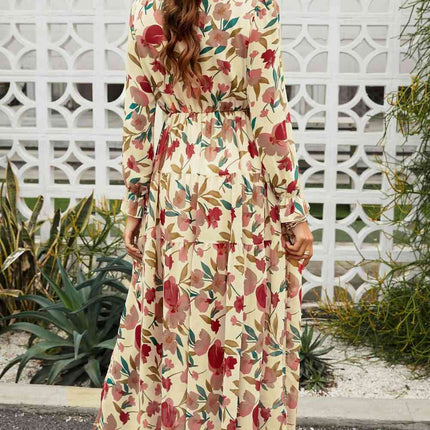 Floral Frill Trim Flounce Sleeve Plunge Maxi Dress - Vickie Lynn's