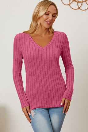 Basic Bae Full Size Ribbed V-Neck Long Sleeve T-Shirt - Vickie Lynn's