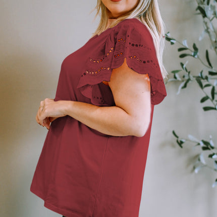 Plus Size Eyelet Round Neck Short Sleeve Blouse