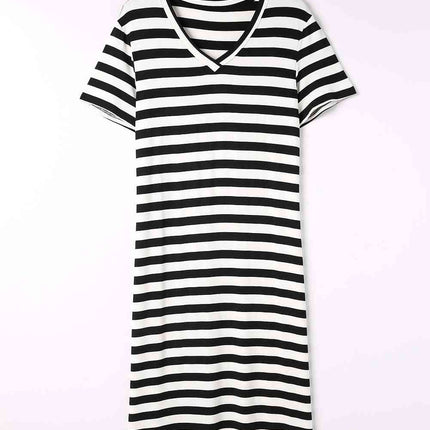 Striped V-Neck Short Sleeve Side Slit Dress