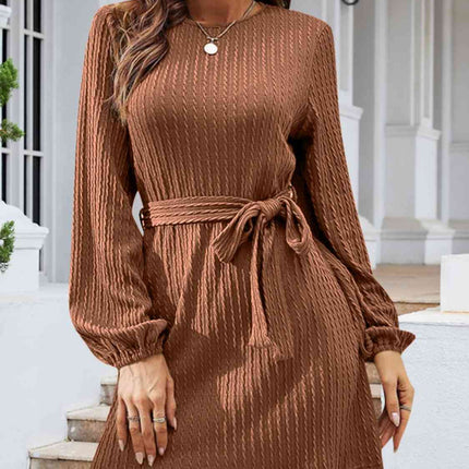 Round Neck Tie Front Long Sleeve Dress