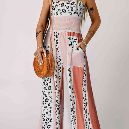 Leopard Color Block Smocked Jumpsuit