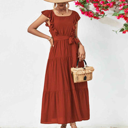 Tie Belt Ruffled Tiered Dress