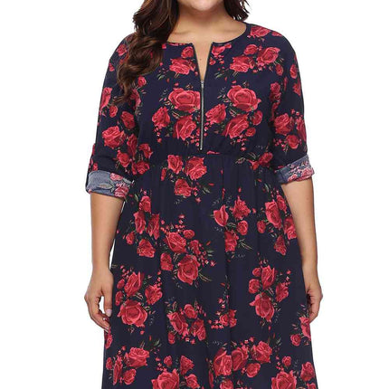 Plus Size Floral Print Half Zip Up Dress