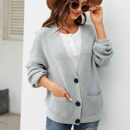 Button Up Drop Shoulder Long Sleeve Cardigan