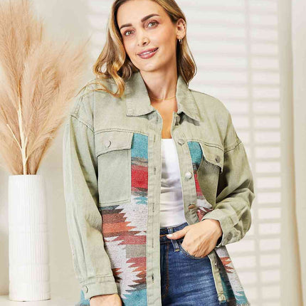 Dropped Shoulder Long Sleeve Printed Denim Jacket