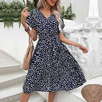 Printed Tie Waist A-Line Dress - Vickie Lynn's