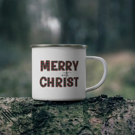 White Enamel Mug for School/Work/Travel - 12oz, Merry With Christ, Red And Green Plaid Christmas Holiday Pattern Print