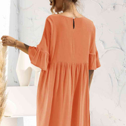 Boat Neck Flounce Sleeve Knee-Length Dress