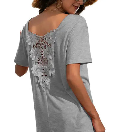 Camiseta casual de manga corta con cuello en V y encaje para mujer 