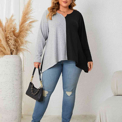 Plus Size Contrast Notched Neck T-Shirt